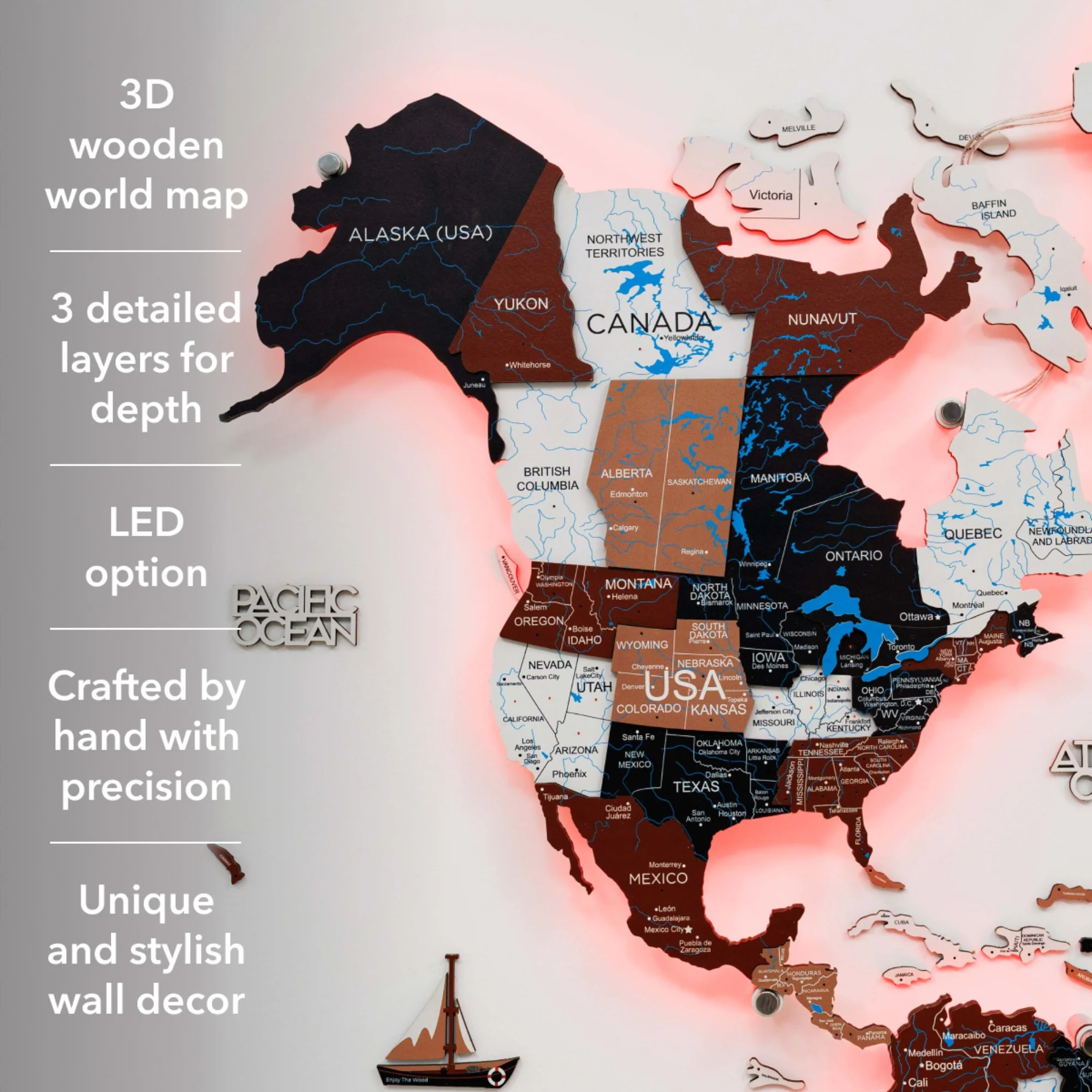 3D LED / LUMINOUS Wooden World Map 3.0 Rustic - Image 22
