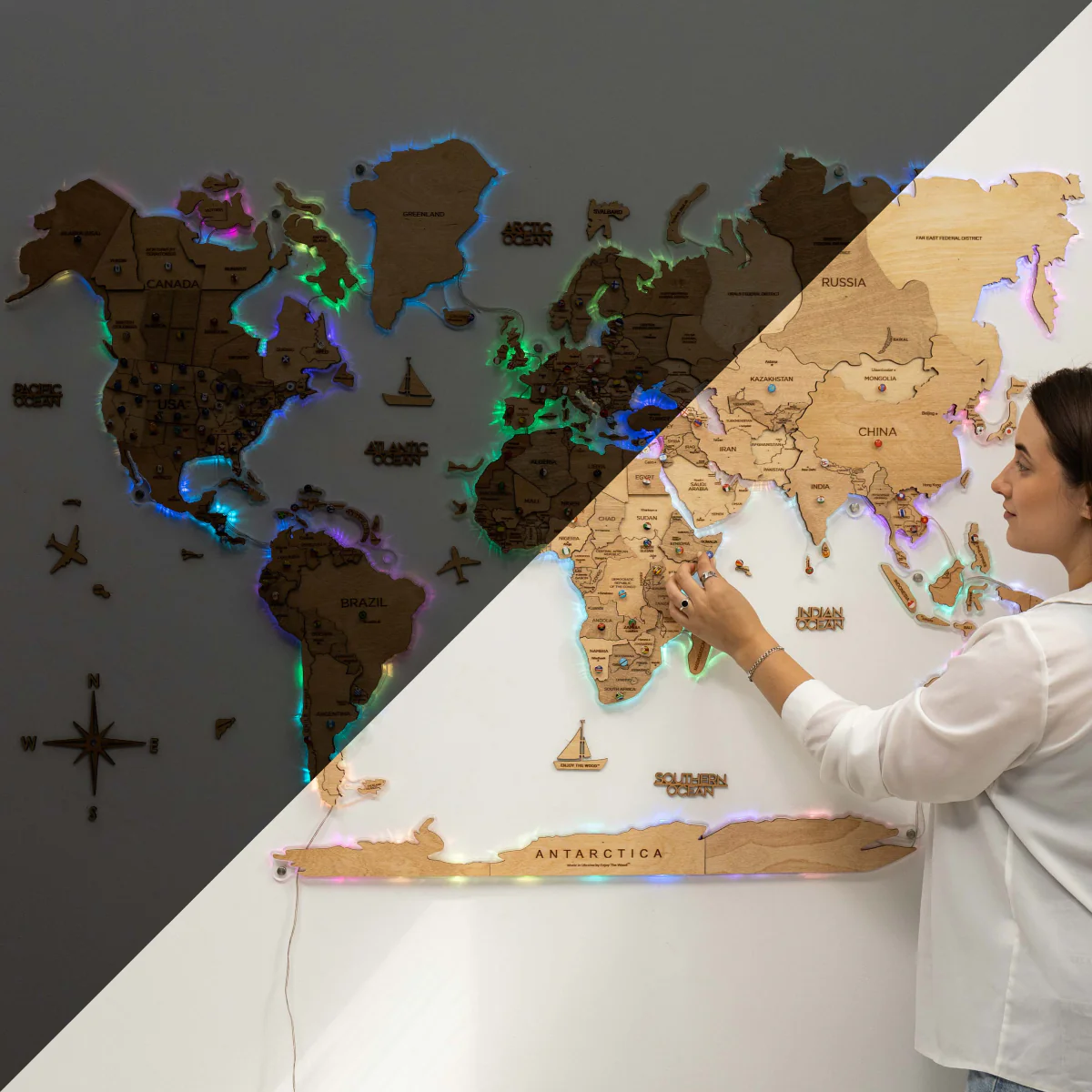 3D LED Wooden World Map 2.0 Gold - Image 15