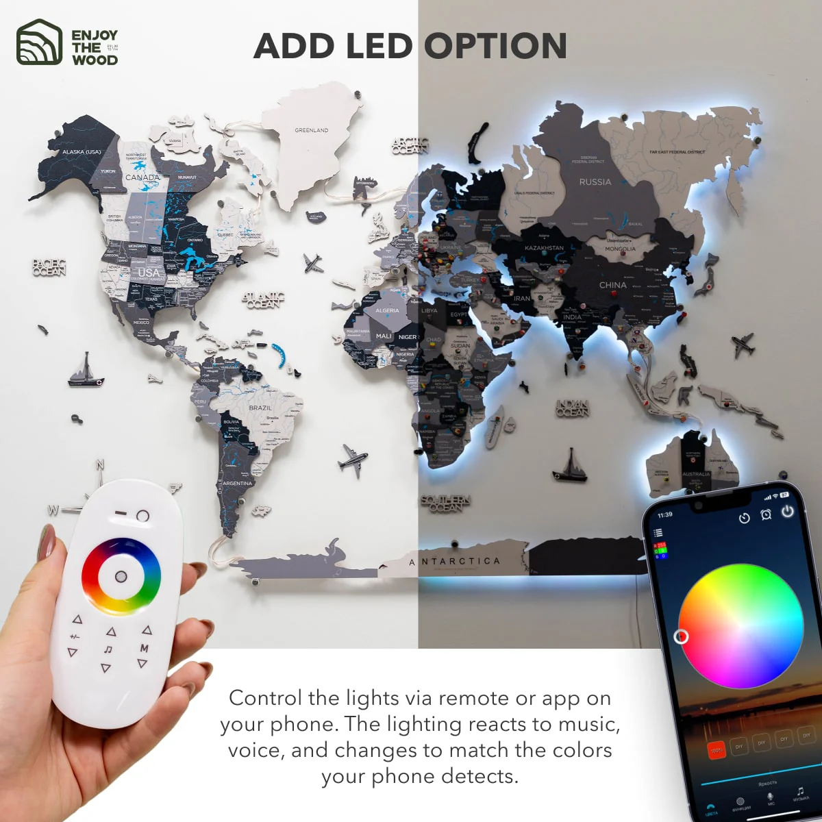 3D LED / LUMINOUS Wooden World Map 3.0 Nordik - Image 15