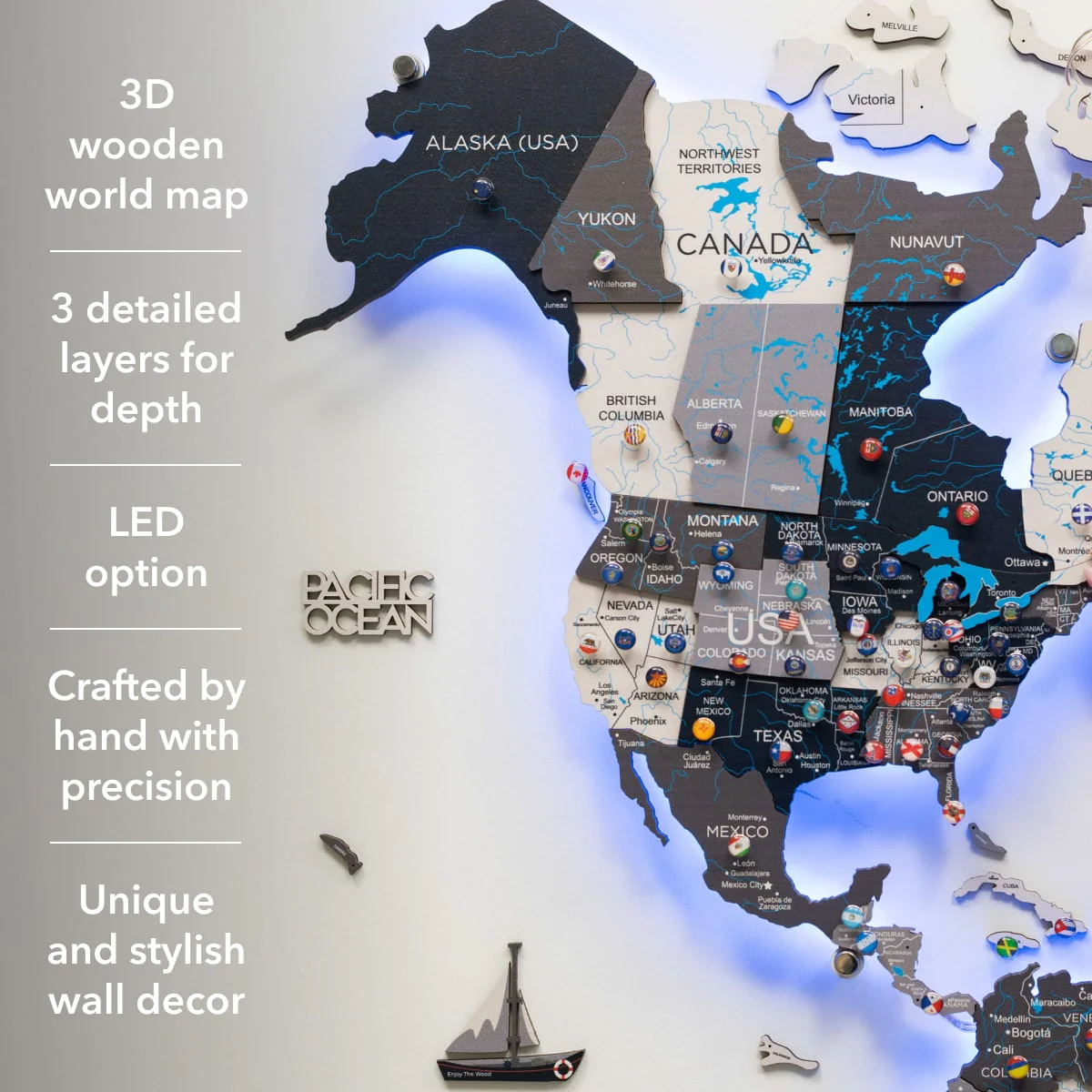 3D LED / LUMINOUS Wooden World Map 3.0 Nordik - Image 17