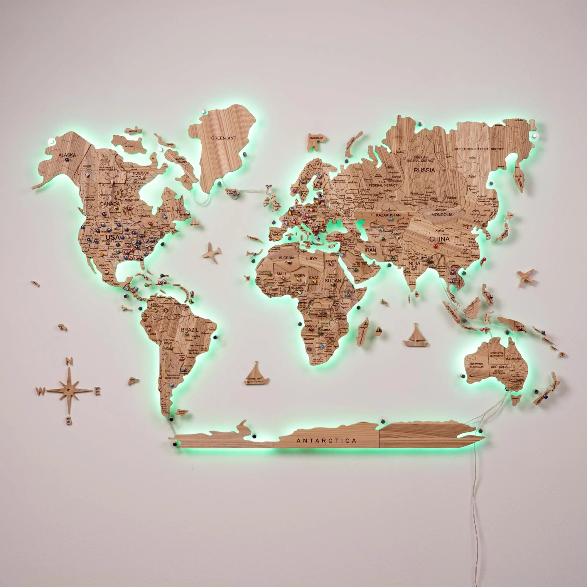 3D Solid Wooden World Map - Ash - Image 3