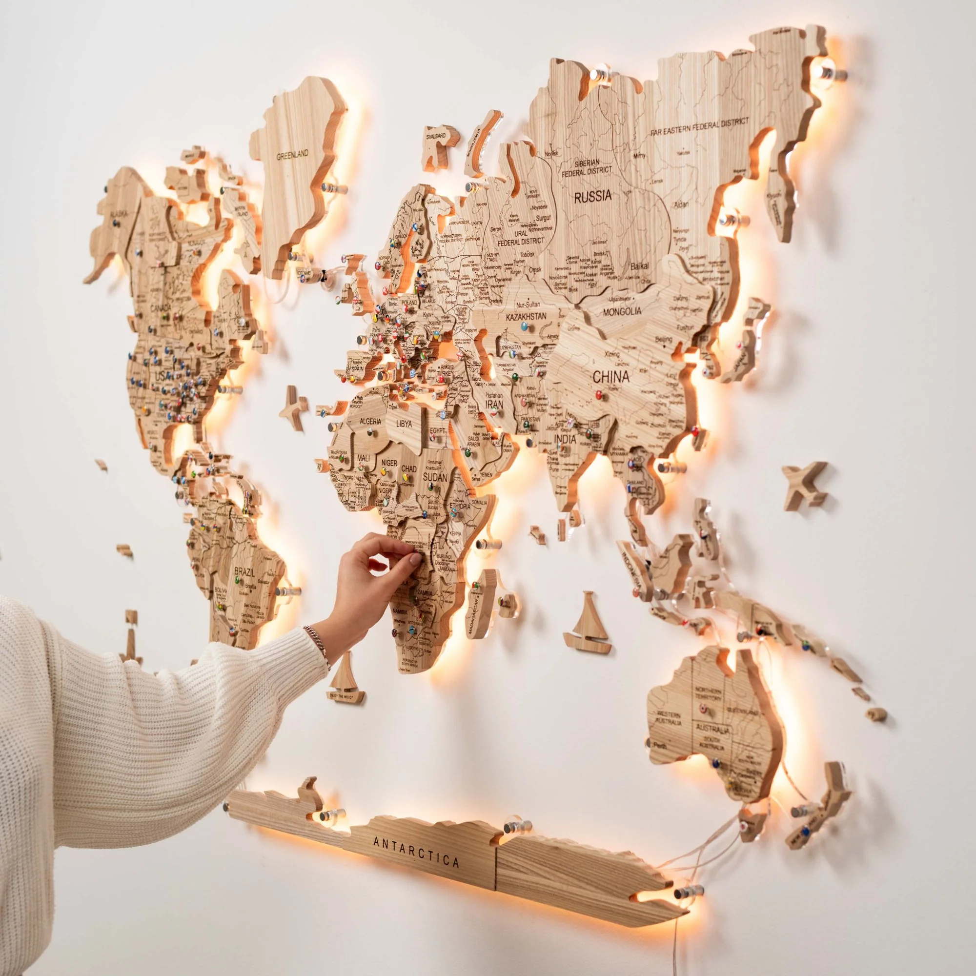 3D Solid Wooden World Map - Ash - Image 5