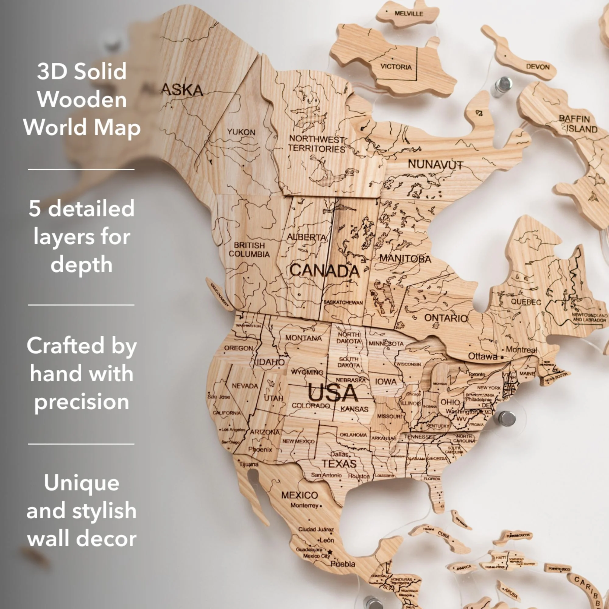 3D Solid Wooden World Map - Ash - Image 9