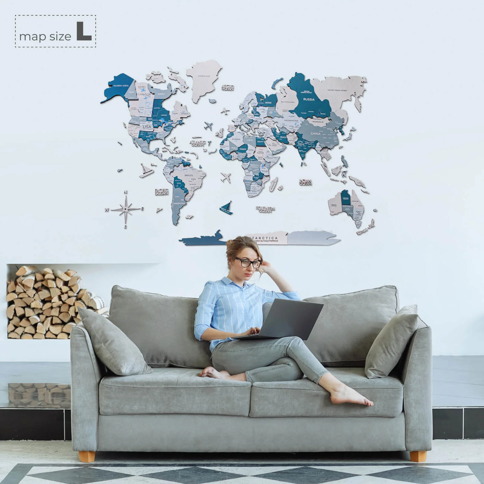 3D Wooden World Map Aqua - Image 7