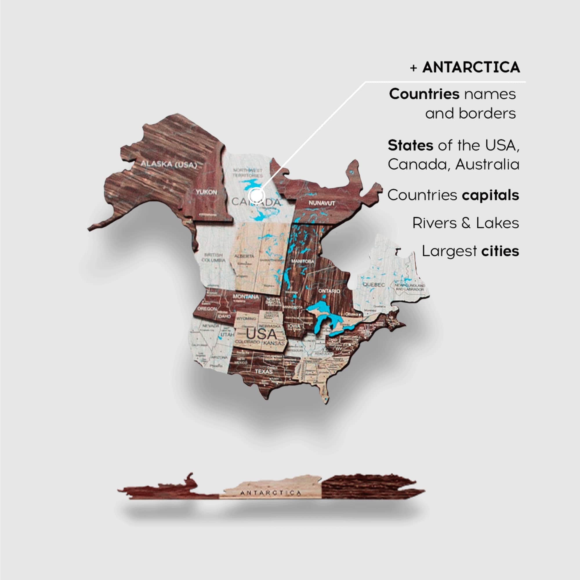 3D Wooden World Map Cappuccino (for US only) - Image 3