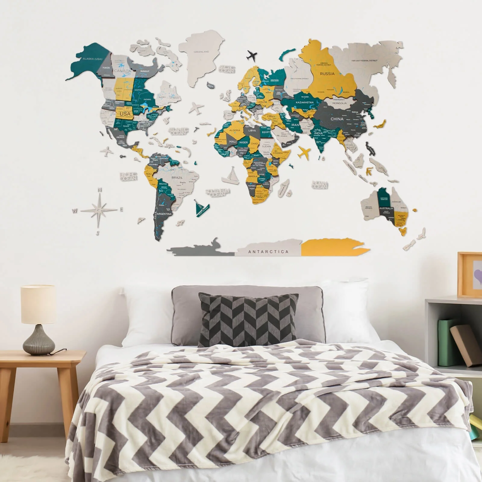 3D Wooden World Map Country