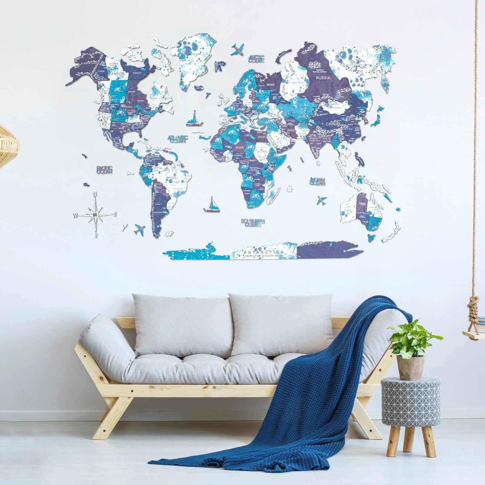 3D Wooden World Map Ocean
