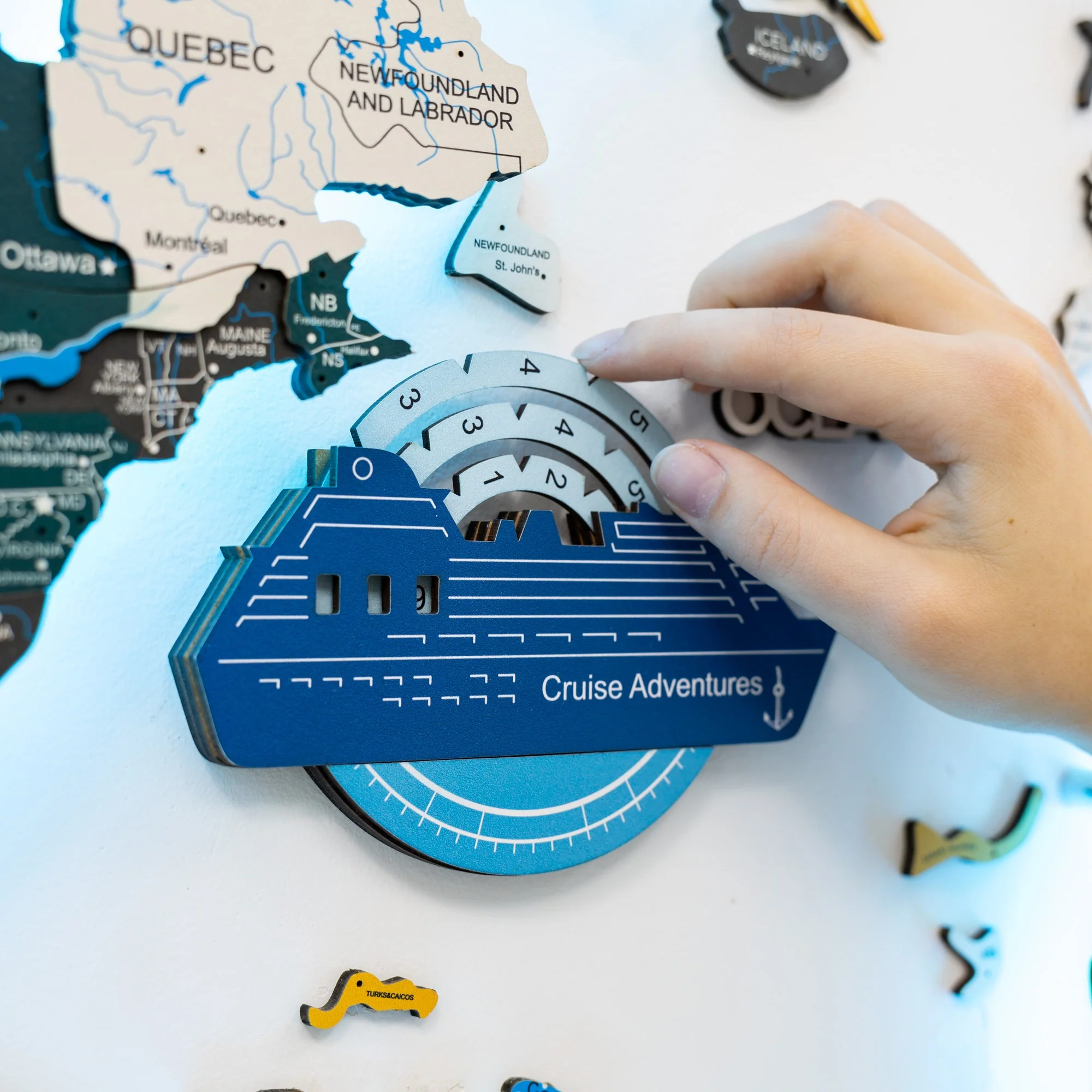 Travel Tracker Cruise Liner 3D Colored Wooden World Map - Azure - Image 3