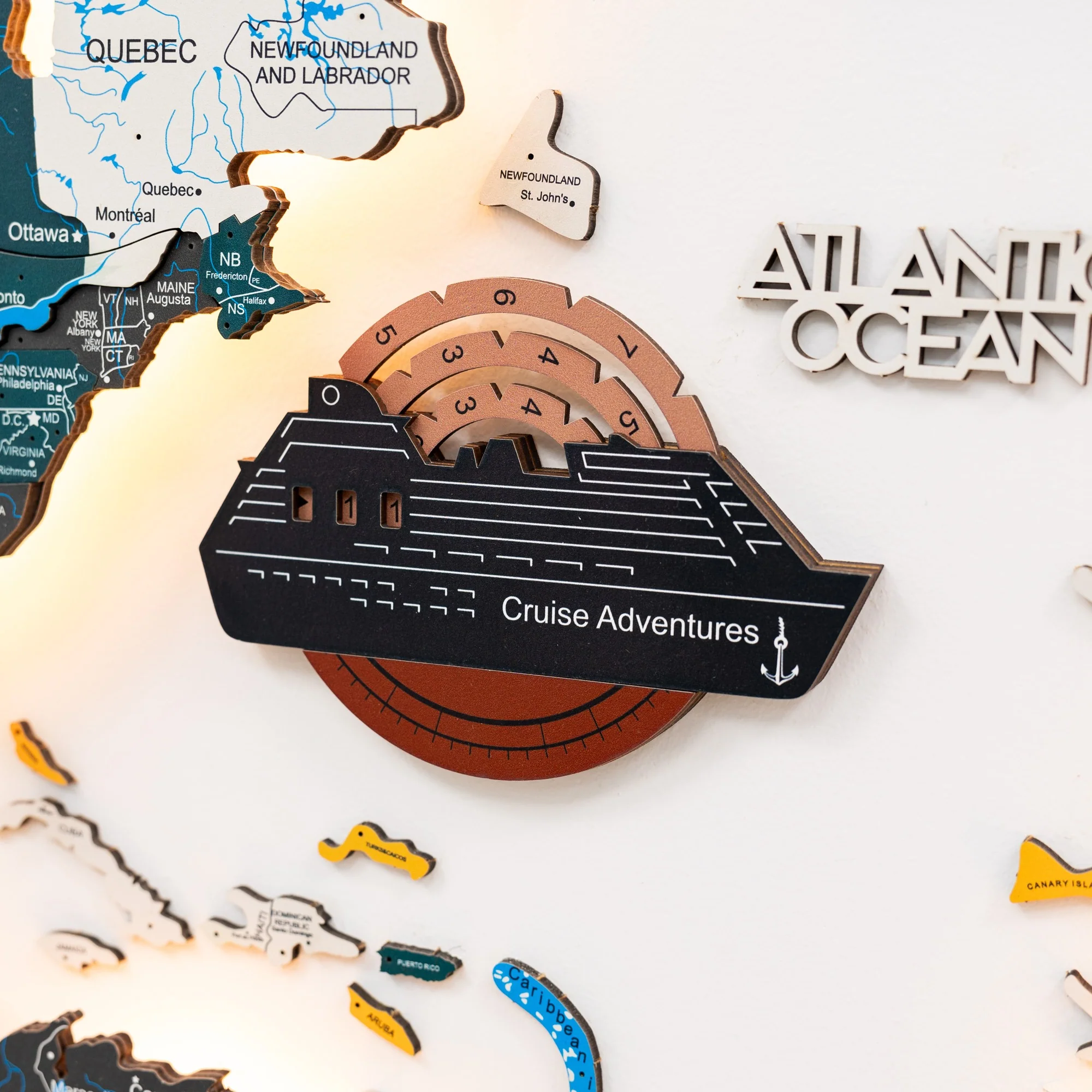 Travel Tracker Cruise Liner 3D Colored Wooden World Map - Rustic - Image 2