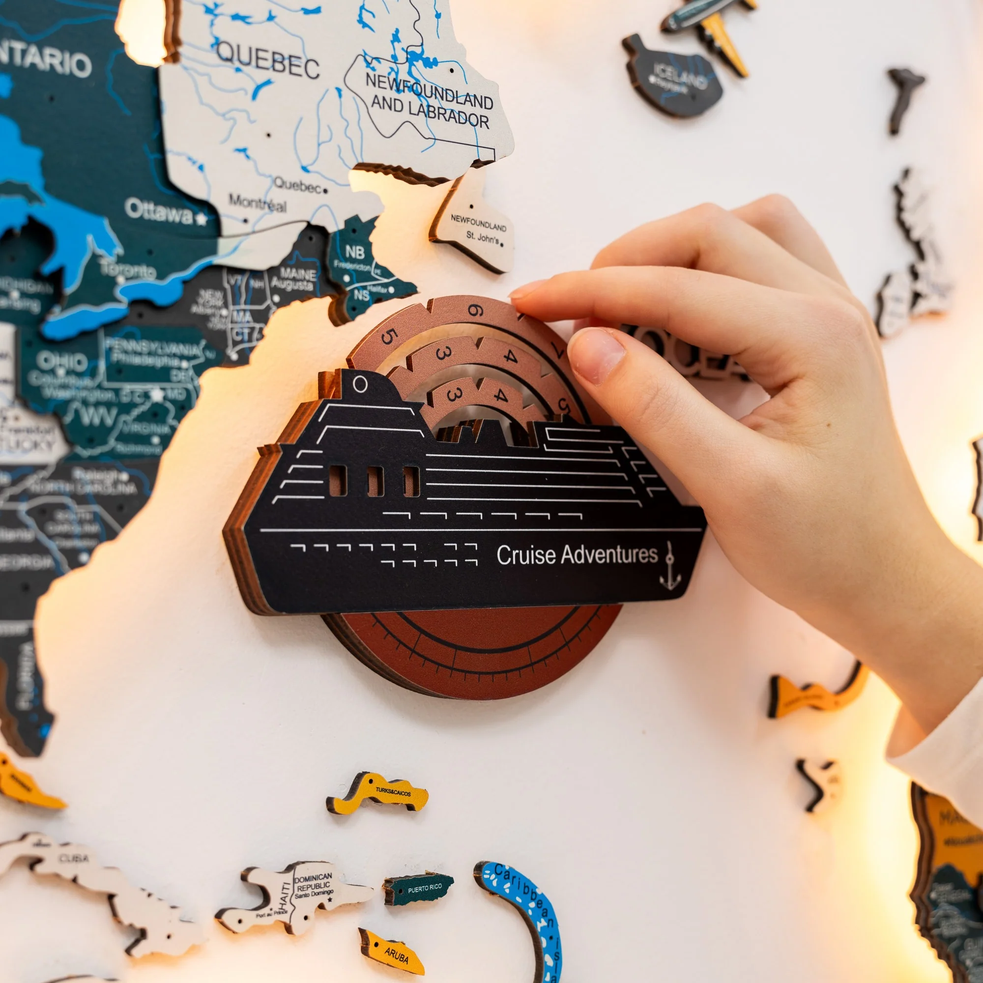 Travel Tracker Cruise Liner 3D Colored Wooden World Map - Rustic - Image 3