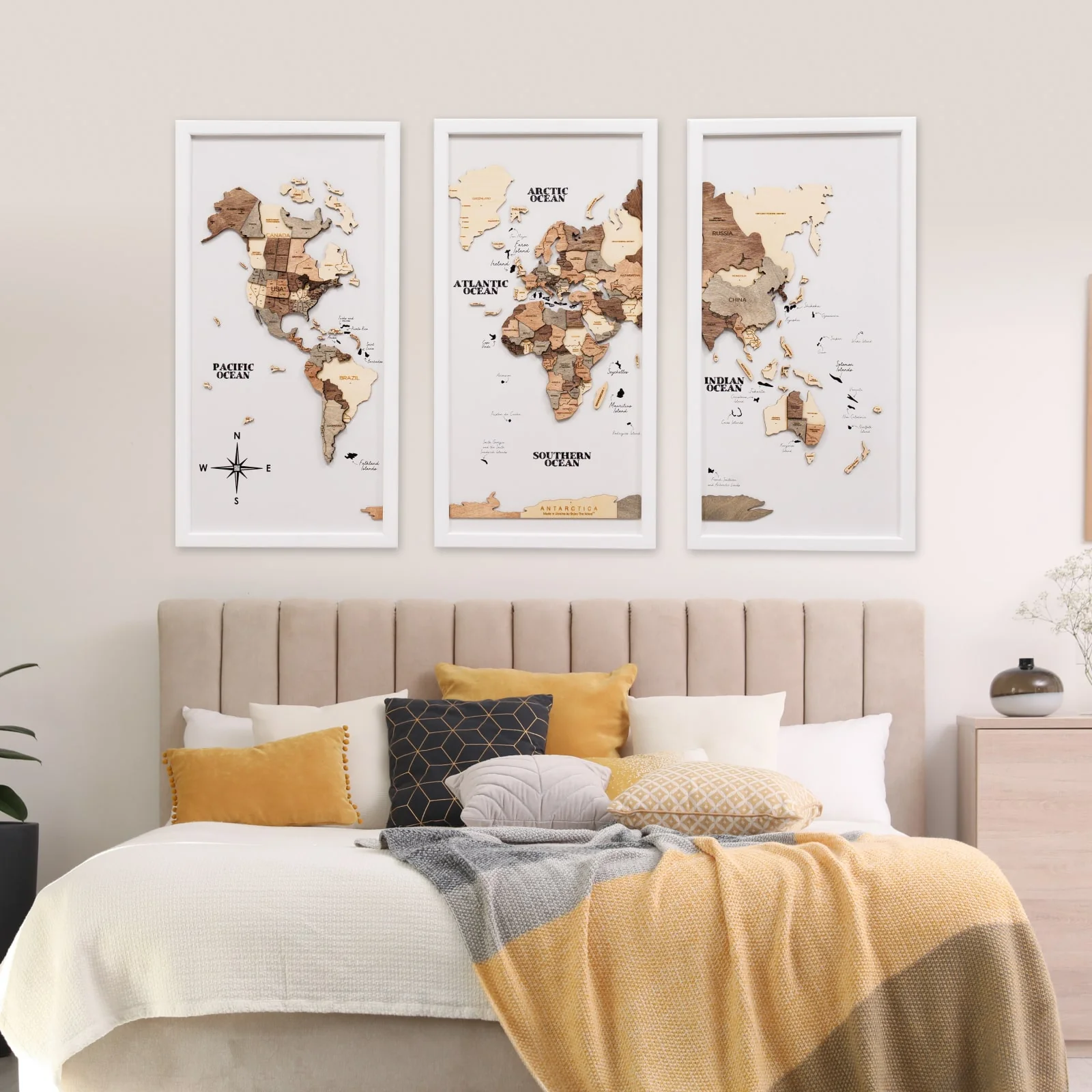Triptych Wall Art - Wooden World Map (Smokey) - Image 10