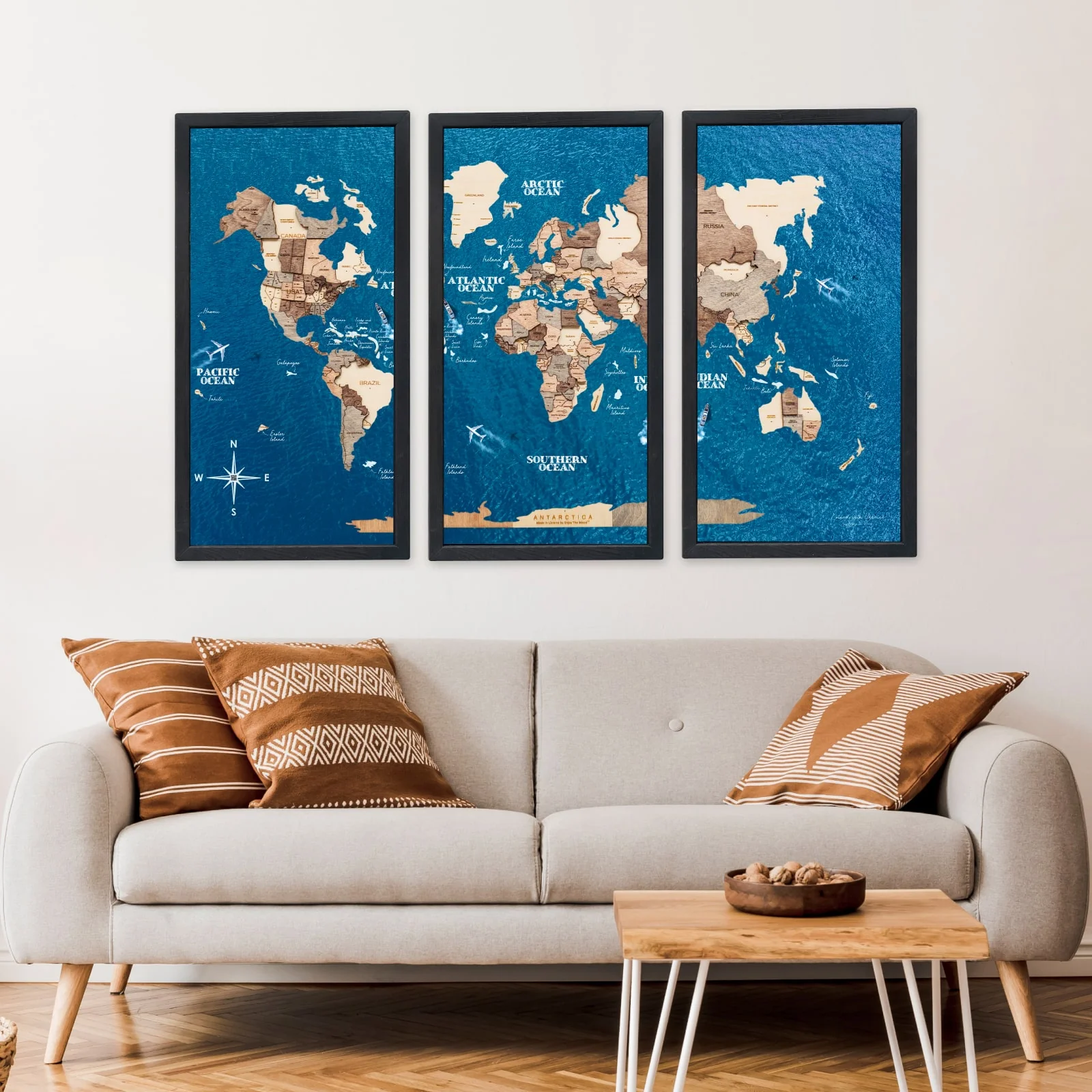 Triptych Wall Art - Wooden World Map (Smokey) - Image 11