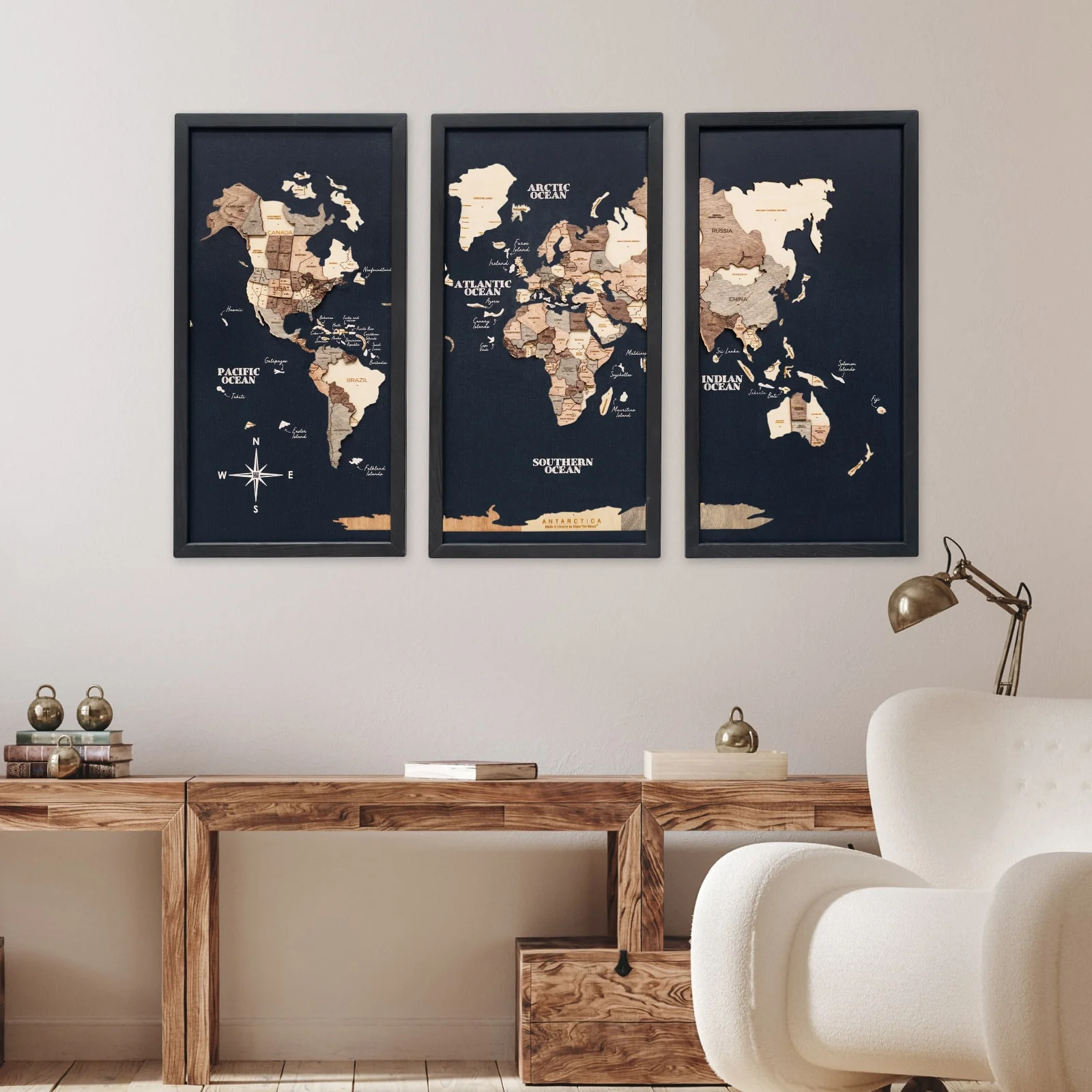Triptych Wall Art - Wooden World Map (Smokey) - Image 12