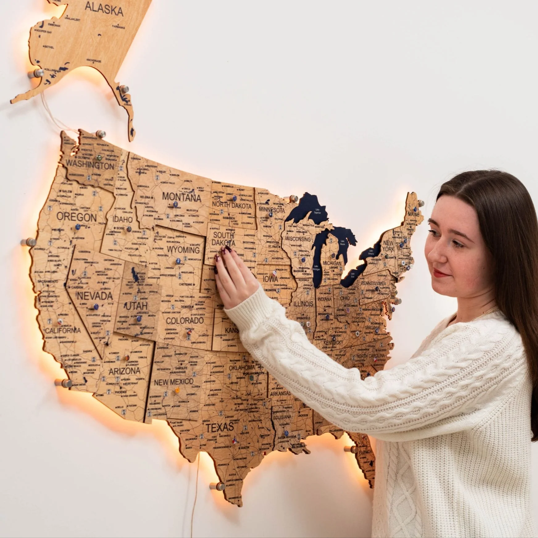Wooden 3d LED Map of USA  - Gold