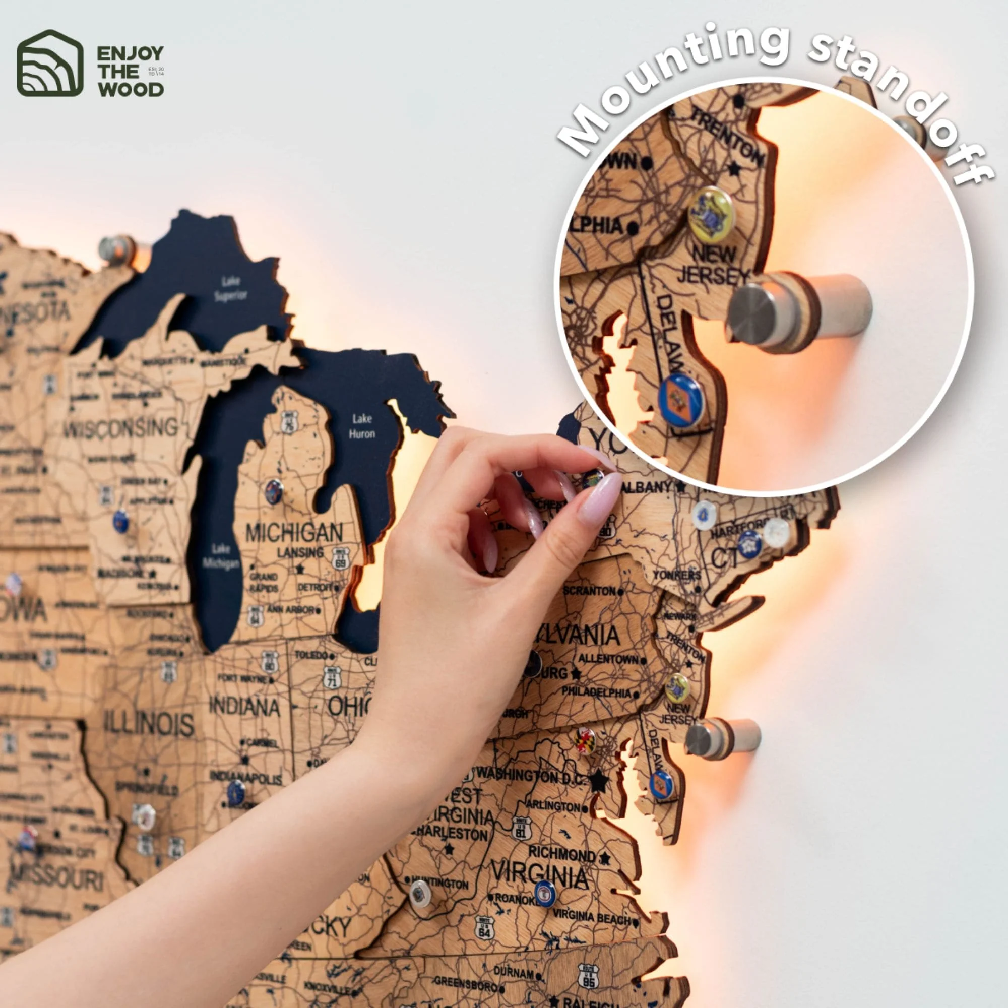 Wooden 3d LED Map of USA  - Gold - Image 13