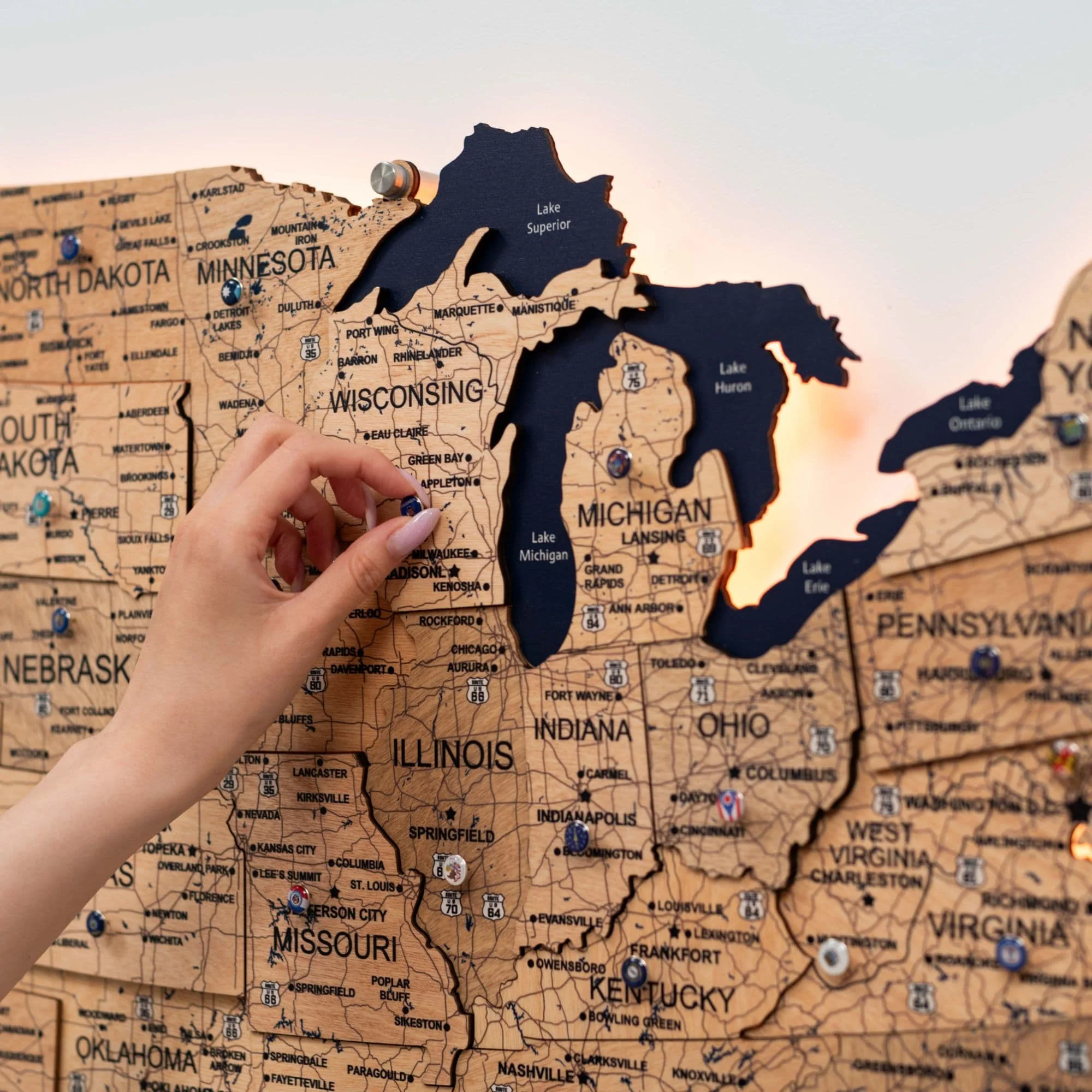 Wooden 3d LED Map of USA  - Gold - Image 2