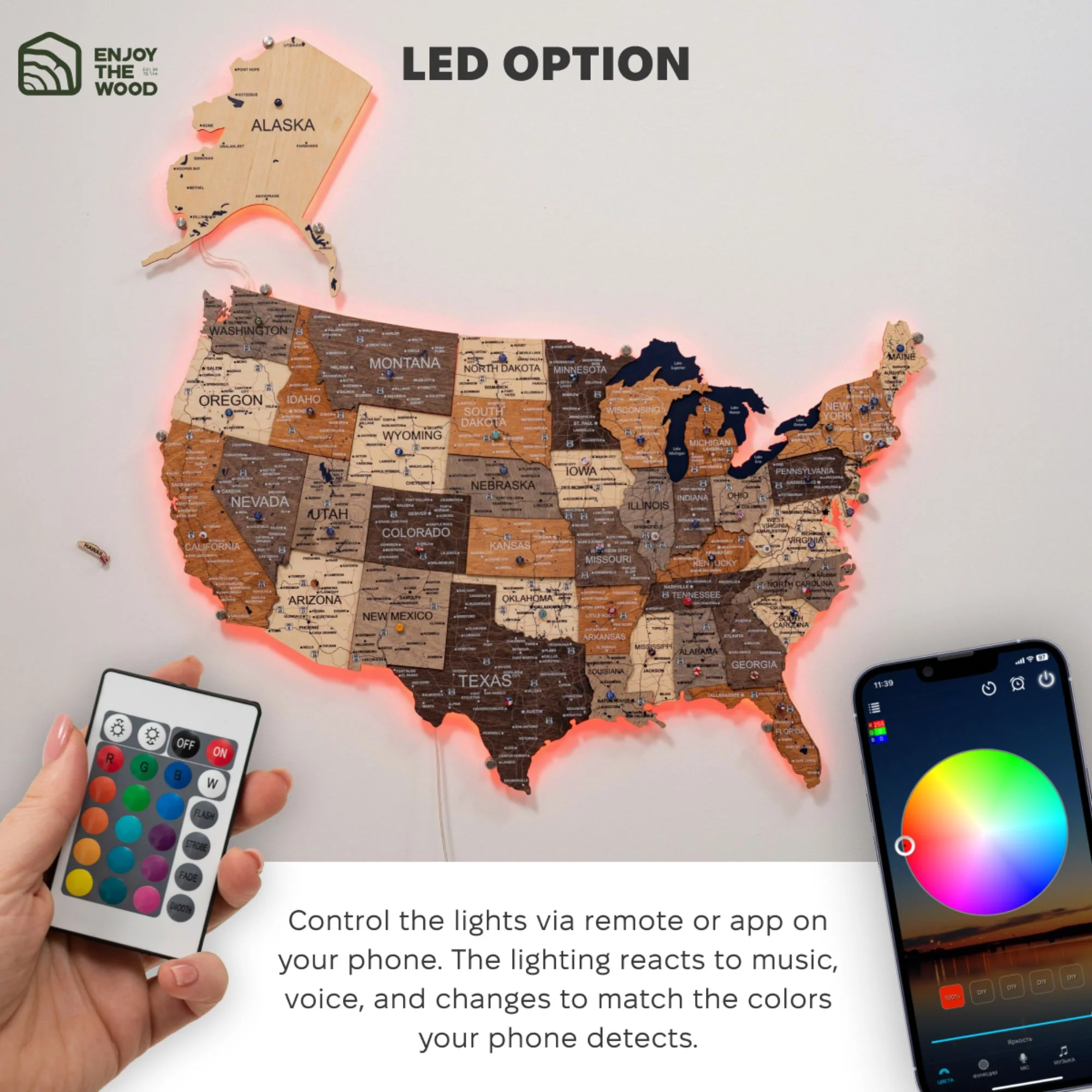 Wooden 3d LED Map of USA - Multicolor - Image 16