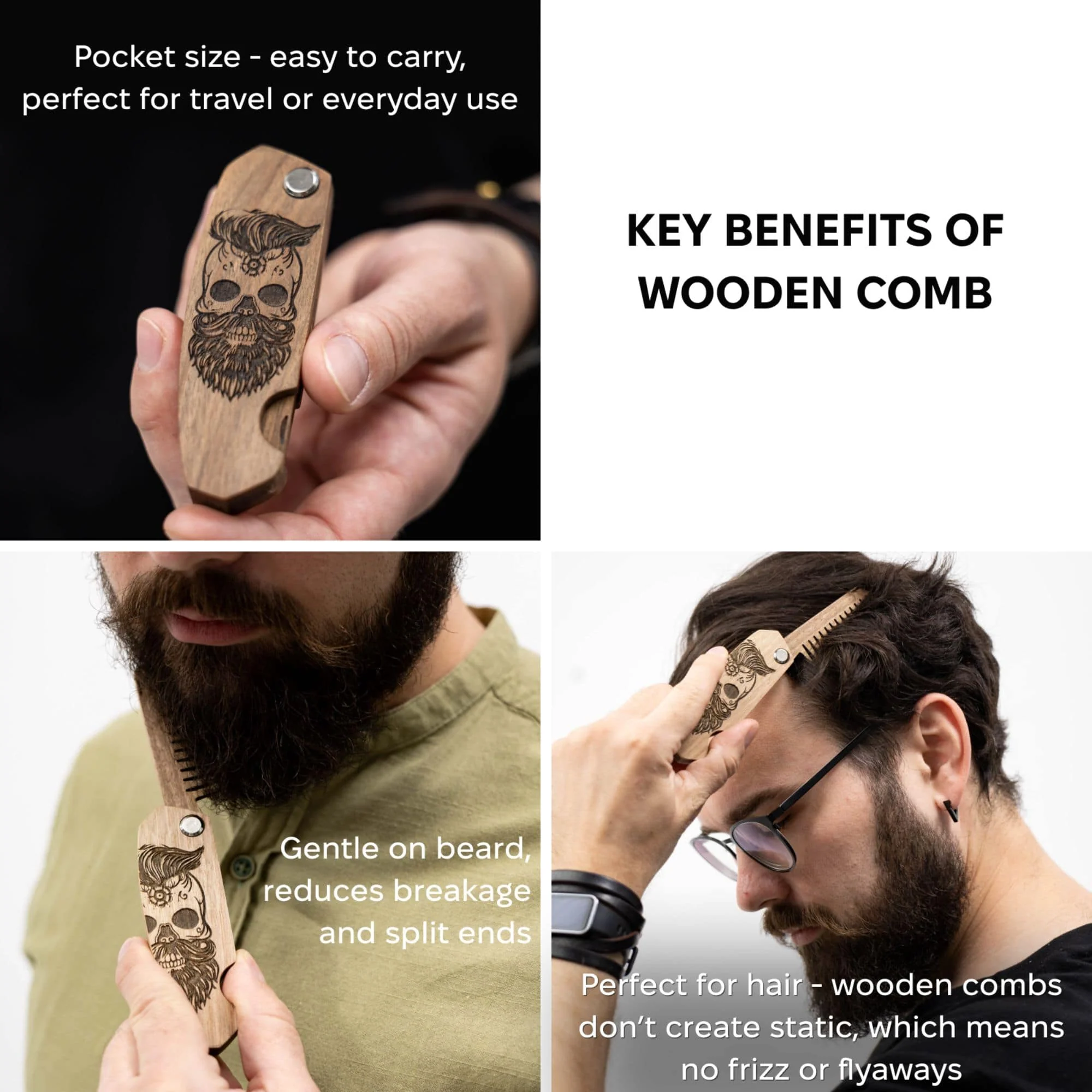 Wooden Beard Comb – Skull Design - Image 10